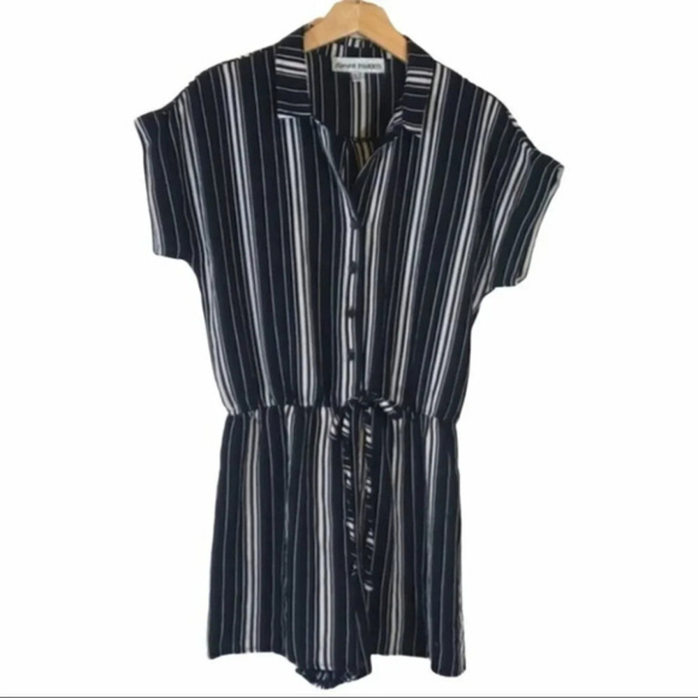 Almost Famous Romper Medium Black White Striped Button Front Elastic Waist Short